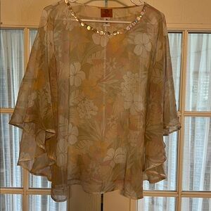 Floral Sheer Blouse with Shell Bead Neckline